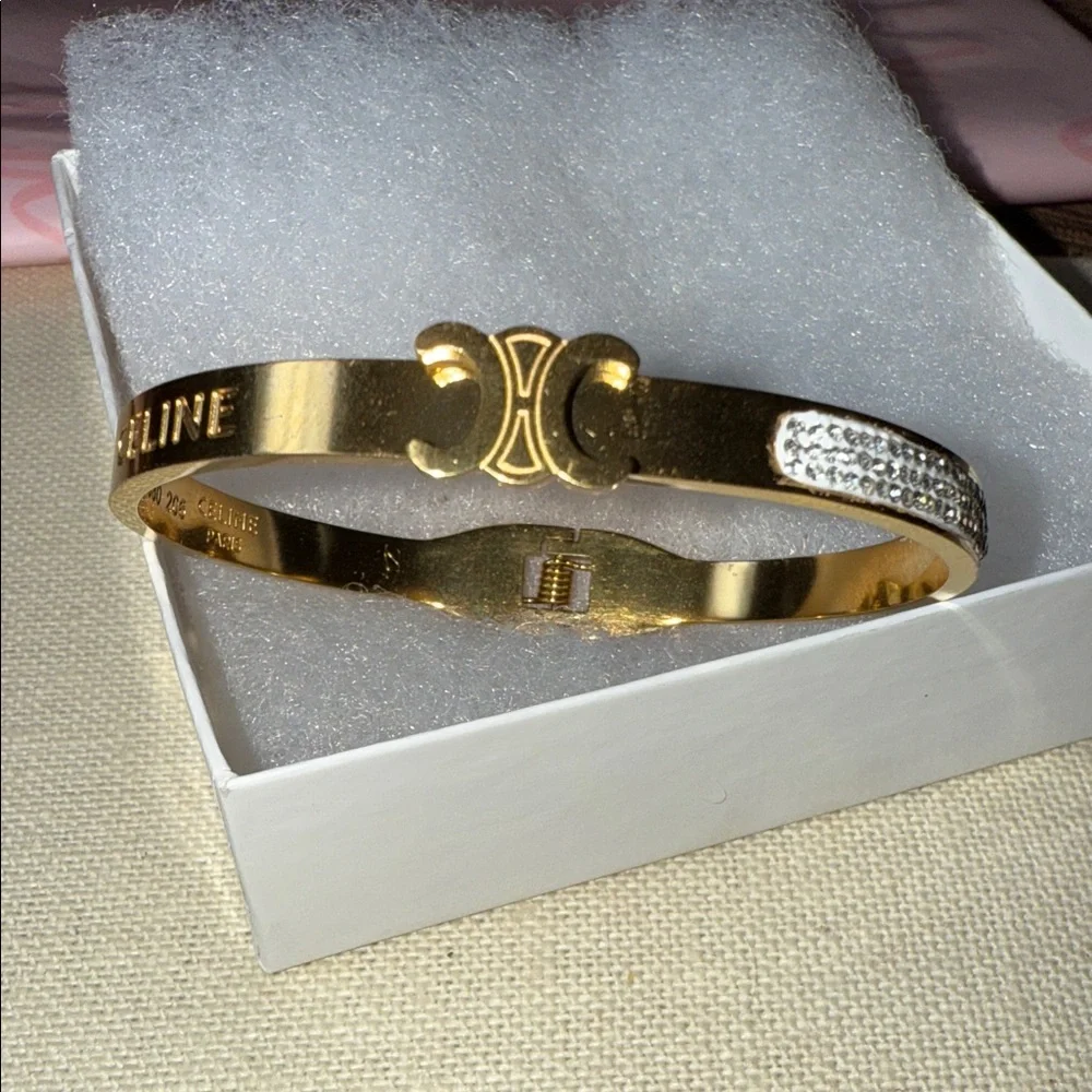 Fashion Bangle Bracelet Gold Bracelet with Silver Crystal Detail - Picture 2 of 10